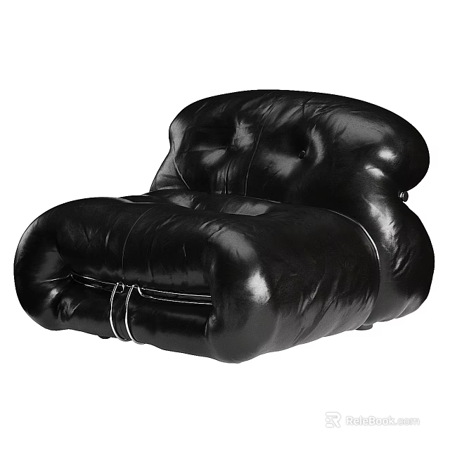 Black Leather Single Seater Sofa with Modern Unique Plush Design and Stitched Detailing 3d model 