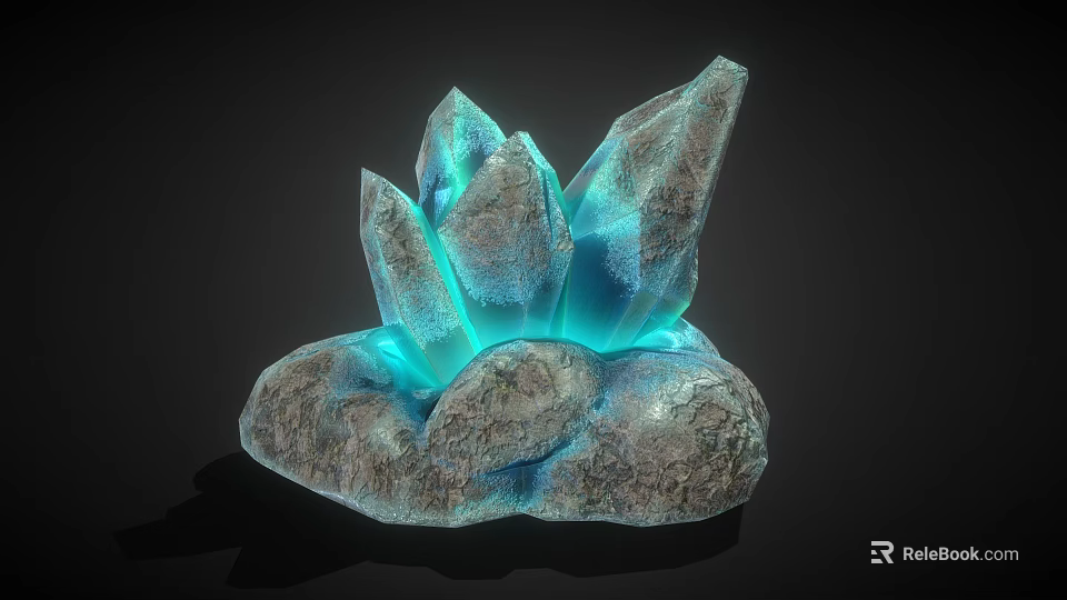 Decorative Ornament Set Featuring Crystal Clusters Rock Base and Blue Glowing Light 3d model