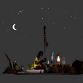 Cozy Garden Landscape With Plants Stones Puddles And Moonlit Night Scene