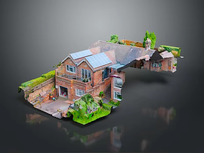 Modern Brick Detached House With Solar Panels Roof Front Yard Driveway And Greenery 3d model