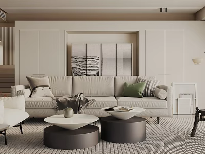 Modern Living Room With Light Gray Sofa Throw Pillows Round Coffee Tables And Light Cabinets 3d model