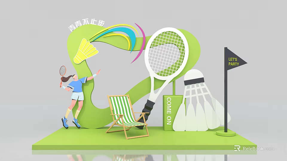 Vibrant Sports Themed Photo Spot With Badminton Shuttlecock Tennis Racket Colorful Streamers And Deck Chair 3d model 