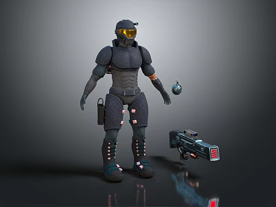 Game Movie Character In Armored Suit With Yellow Goggles Grenade And Rifle 3d model