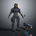Game Movie Character In Armored Suit With Yellow Goggles Grenade And Rifle