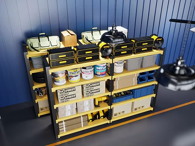Yellow Display Shelves With Tools Cans And Boxes Against Blue Wall Background 3d model