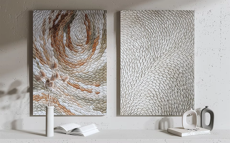 Textured Abstract Wall Art Paintings With White Vase Open Book Decorative Objects 3d model