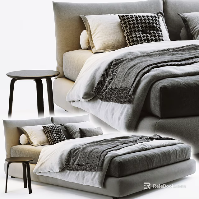 Modern Double Bed with Soft Pillows Cozy Blanket and Wooden Nightstand Interior 3d model 
