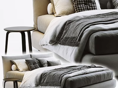 Modern Double Bed with Soft Pillows Cozy Blanket and Wooden Nightstand Interior 3d model