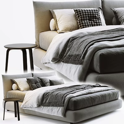 Modern Double Bed with Soft Pillows Cozy Blanket and Wooden Nightstand Interior 3d model