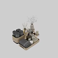 Stylish Bathroom Essentials Set With Rolled Towels Reed Diffuser Candles Liquid Soap And Wooden Tray