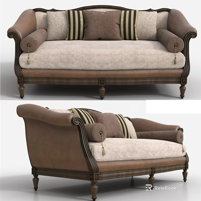 Elegant Two Seater Sofa Featuring Beige Cushions Brown Wooden Frame Striped Pillows And Carved Legs 3d model 