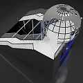 Modern Stairs With Silver Globe And Blue Illuminated Lines On Black Background