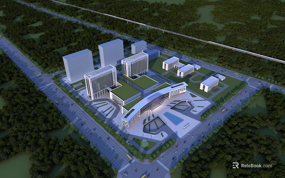 Modern Hospital Building Architecture With Green Roof Surrounding Trees And Road Access 3d model 