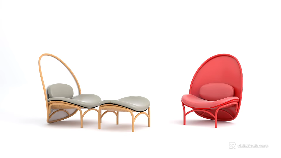 Two Stylish Leisure Chairs With Light Colored Wooden Frame Ottoman And Red Egg Shaped Design 3d model 