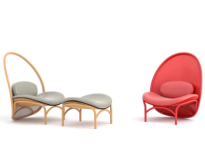 Two Stylish Leisure Chairs With Light Colored Wooden Frame Ottoman And Red Egg Shaped Design 3d model