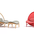 Two Stylish Leisure Chairs With Light Colored Wooden Frame Ottoman And Red Egg Shaped Design