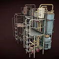 Industrial Machinery Units With Metal Frames Pipes Control Panels And Multi Level Design