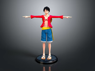 Anime Character 3D Model With Red Coat Blue Shorts Black Base Arms Outstretched 3d model