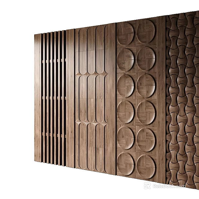 Wooden Decorative Wall With Vertical Slats Circular Patterns And Wavy Textures 3d model 