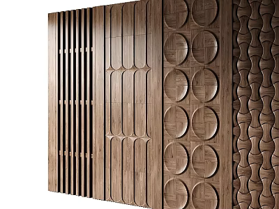 Wooden Decorative Wall With Vertical Slats Circular Patterns And Wavy Textures 3d model