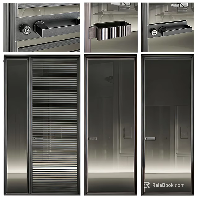 Sleek Modern Glass Swing Door With Black Frame And Louvered Panel Design 3d model 