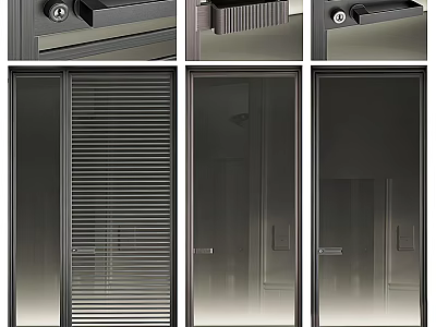 Sleek Modern Glass Swing Door With Black Frame And Louvered Panel Design 3d model