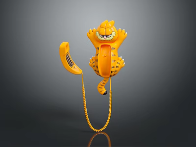 Yellow Garfield Shaped Cartoon Telephone With Handset And Coiled Cord Design 3d model