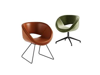 Two Modern Lounge Chairs Brown Leather And Green Velvet With Ergonomic Design And Metal Legs 3d model