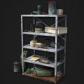 Industrial Equipment Storage Metal Rack With Multiple Shelves Holding Oil Drums Boxes Cans And Cables