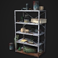 Industrial Storage Rack Realistic Factory Industrial Shelf Storage Rack Gasoline Barrel Wire Paint Barrel Spray Bottle Glass Bottle Notebook 3d model