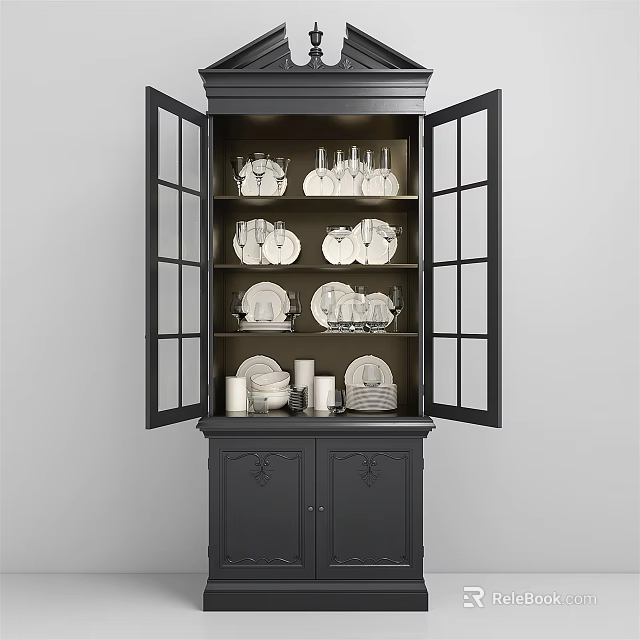Black Sideboard with Open Glass Doors Displaying White Dinnerware and Carved Details 3d model 