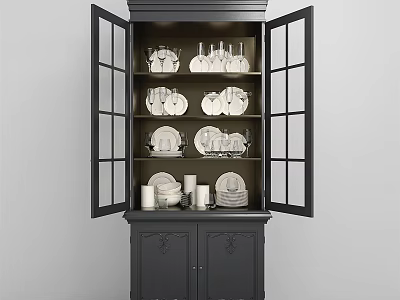 Black Sideboard with Open Glass Doors Displaying White Dinnerware and Carved Details 3d model