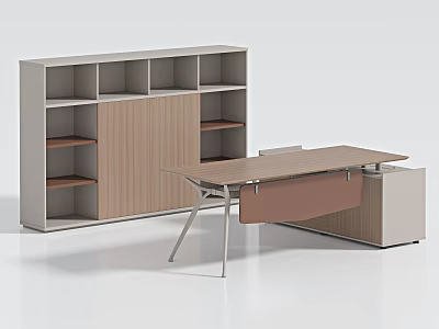 Modern Office Desk With Wooden Top Metal Frame And Compartment Bookshelf 3d model