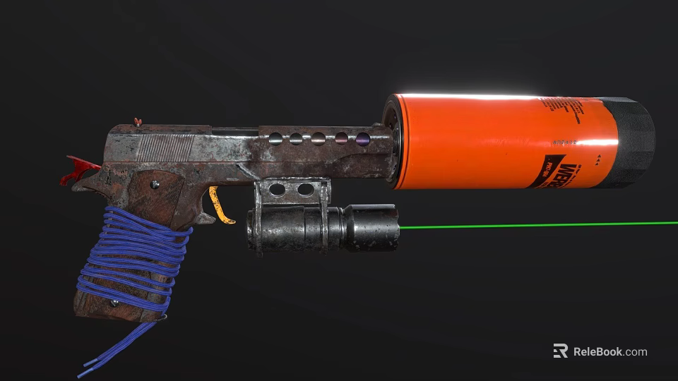 Weapon With Orange Cylindrical Component Blue Rope Wrapped Grip And Green Laser Sight 3d model