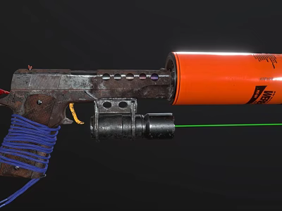 Weapon With Orange Cylindrical Component Blue Rope Wrapped Grip And Green Laser Sight 3d model