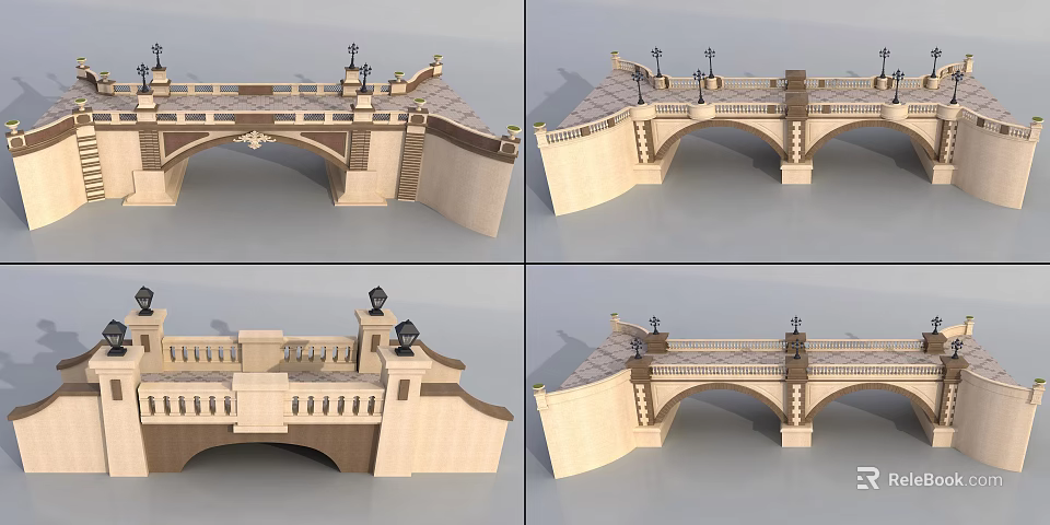 Elegant Stone Arch Bridge With Ornate Railing And Decorative Lamp Posts 3d model 