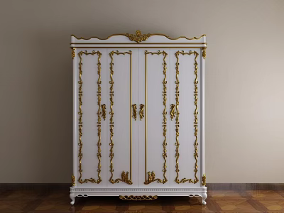 Elegant White Wardrobe With Gold Carvings And Double Doors Design 3d model
