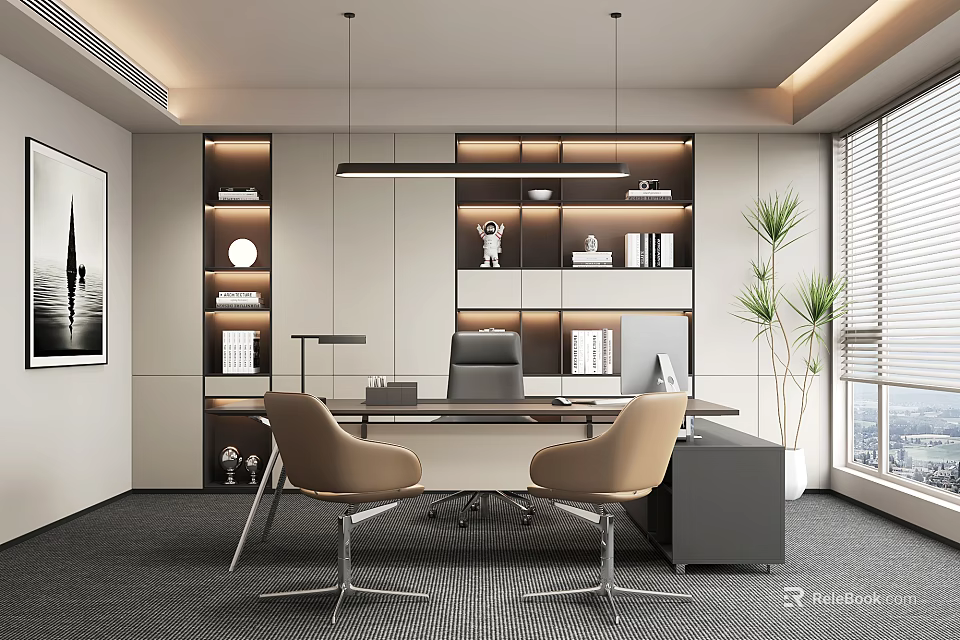 Elegant Modern Office Interior With Desk Chairs Bookshelves Plants And Large Windows 3d model 