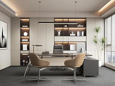 Elegant Modern Office Interior With Desk Chairs Bookshelves Plants And Large Windows 3d model