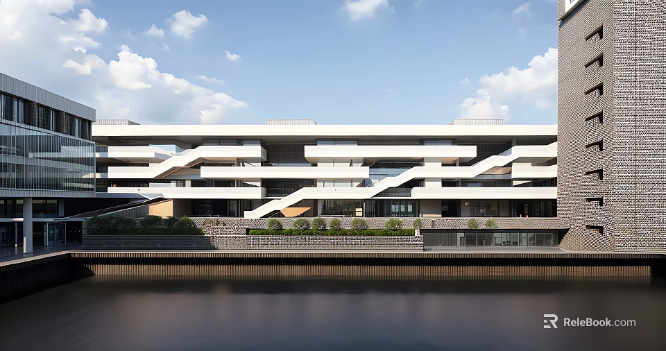 Modern School Building Exterior With White Facade Horizontal Lines And Waterfront View 3d model 