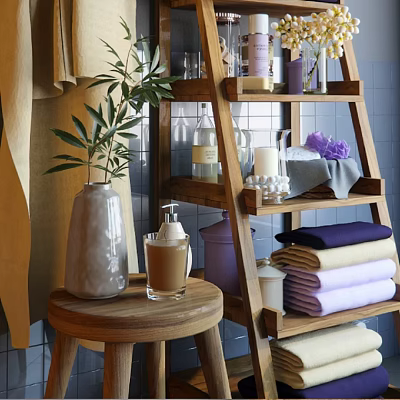 Wooden Ladder Shelf with Bottles Candles Towels and Potted Plant in Home Decor Setup 3d model