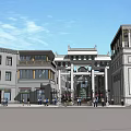 Modern Commercial Street With Pedestrians Strolling Shops Green Plants And Vibrant Atmosphere