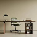 Wooden Desk and Green Office Chair with Black Lamp Books White Cup and Small Bookshelf
