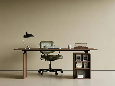 Wooden Desk and Green Office Chair with Black Lamp Books White Cup and Small Bookshelf 3d model