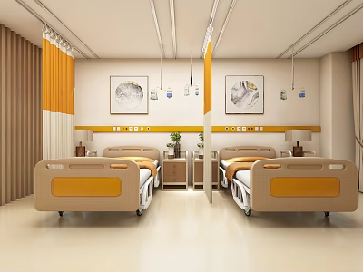 Hospital Outpatient Ward Interior Design With Beds Art And Curtains 3d model
