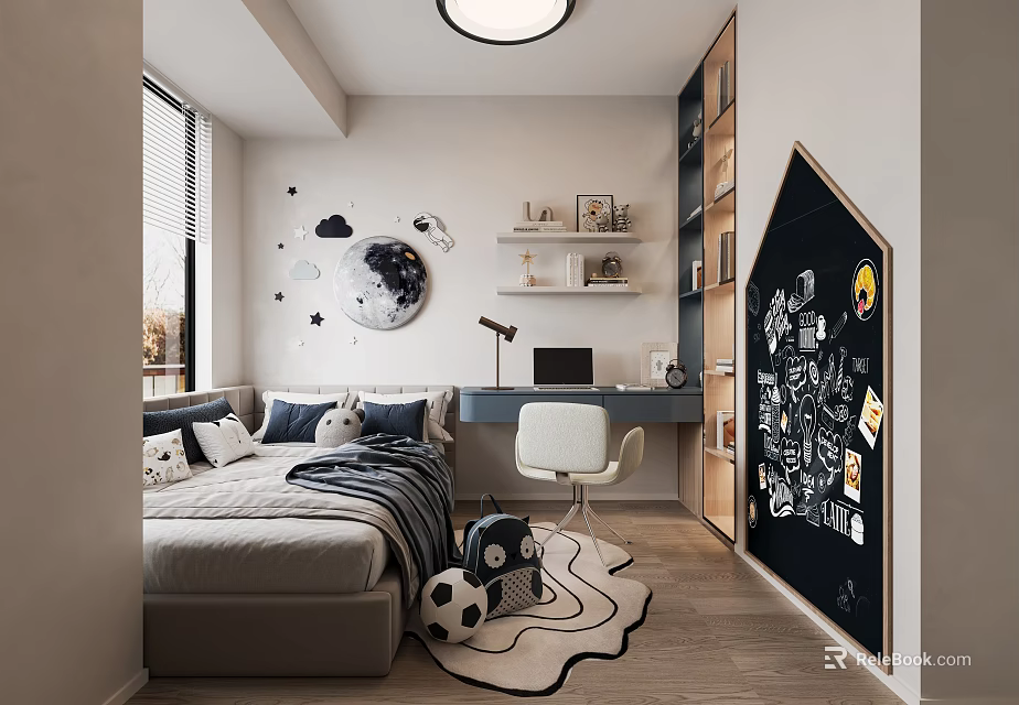 Modern Kids Room Interior With Bed Desk White Chair Blackboard Wall And Moon Star Decorations 3d model 