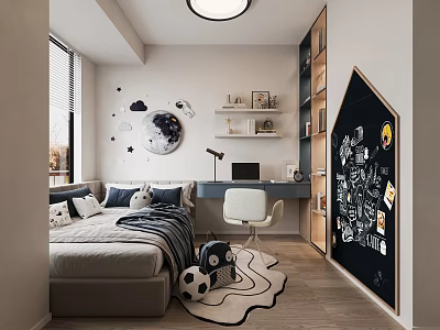 Modern Kids Room Interior With Bed Desk White Chair Blackboard Wall And Moon Star Decorations 3d model