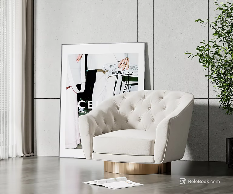 Modern Beige Tufted Single Sofa With Gold Round Base And Decorative Artwork 3d model