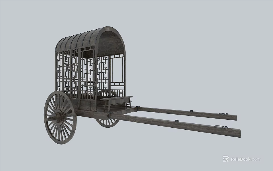 Traditional Wooden Horse Drawn Carriage With Arched Roof Carved Lattice Windows And Large Wheels 3d model 