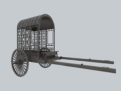 Traditional Wooden Horse Drawn Carriage With Arched Roof Carved Lattice Windows And Large Wheels 3d model